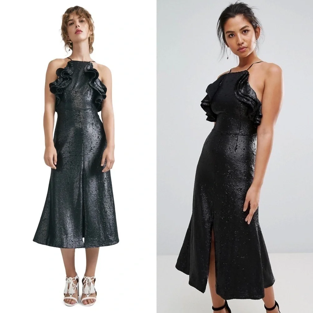 C/MEO Sequin Ruffle Halter‎ Square Neck Sleeveless Fit & Flare Slit Midi Dress S